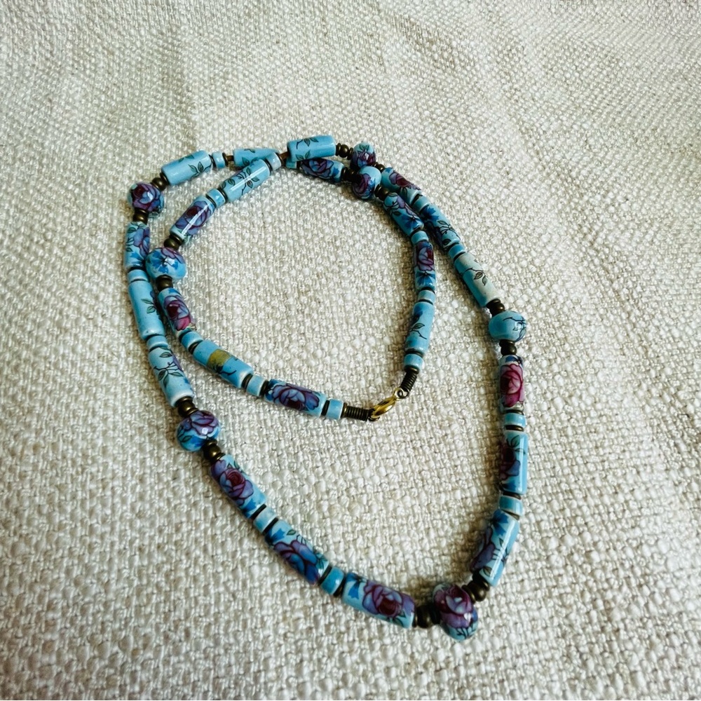 Vintage Japan Blue Purple Floral Porcelain Bead Necklace